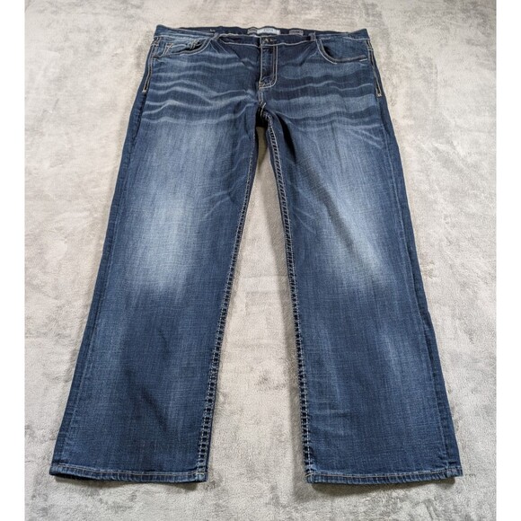 BKE Seth Straight Leg Jeans Mens 44x30 Blue Distressed Denim Buckle Casual - Picture 3 of 12